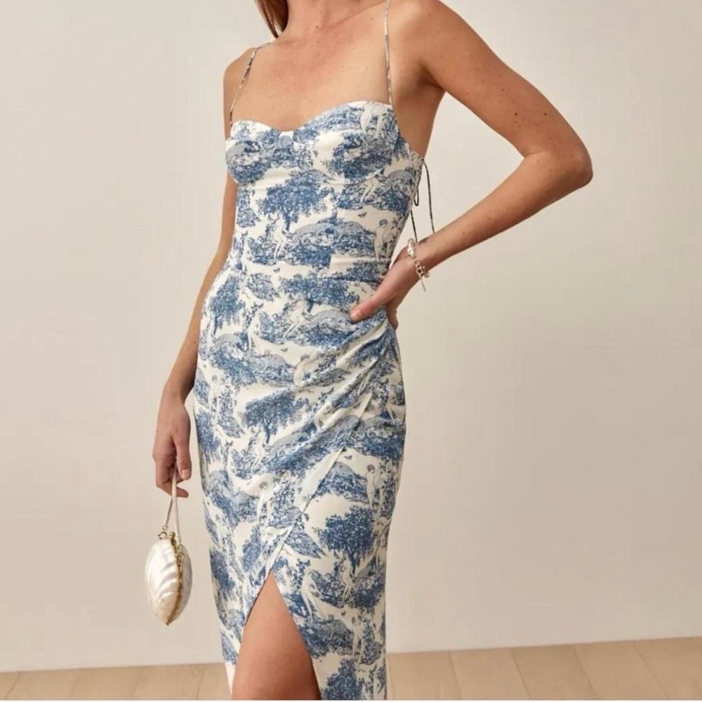 Elegant Reformation Blue and White Printed Dress